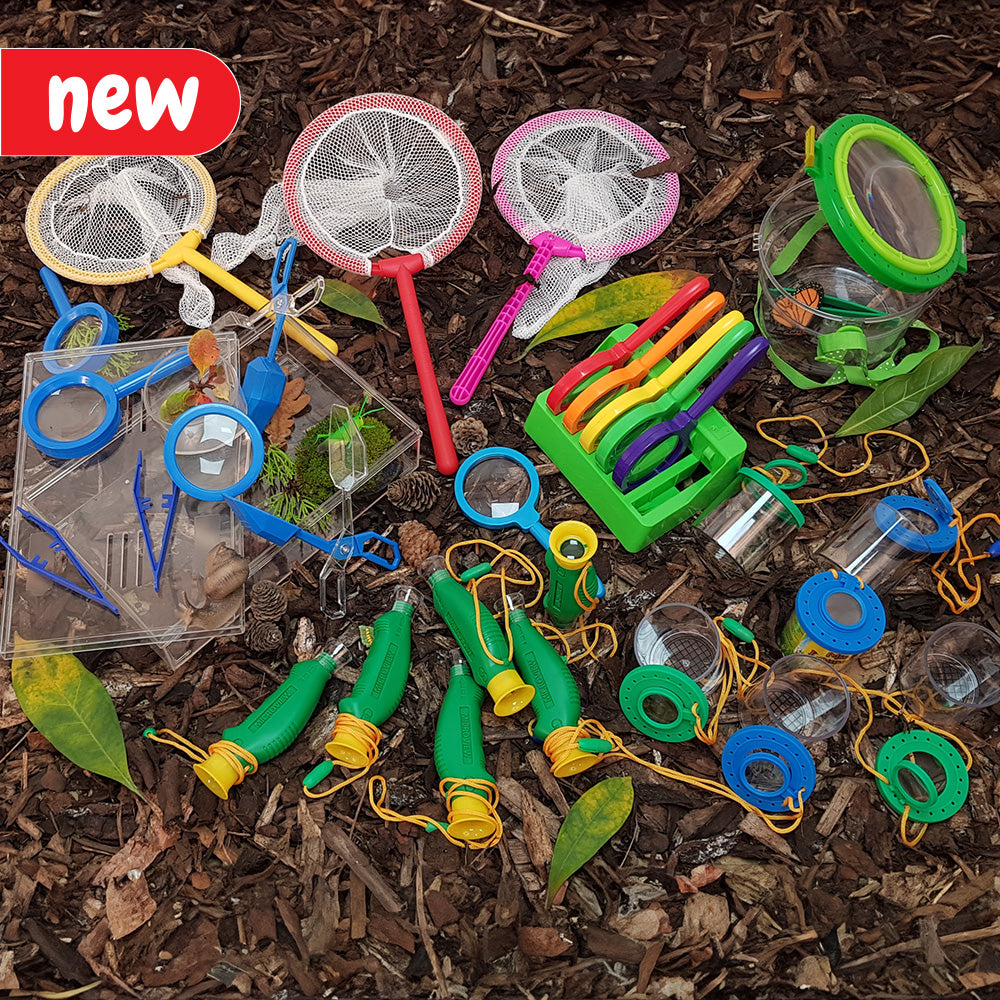An exciting value pack designed for exploring the wonders of nature, perfect for forest schools and outdoor learning. The pack includes tools for collecting and studying leaves, plants, rocks, fossils, insects, and more