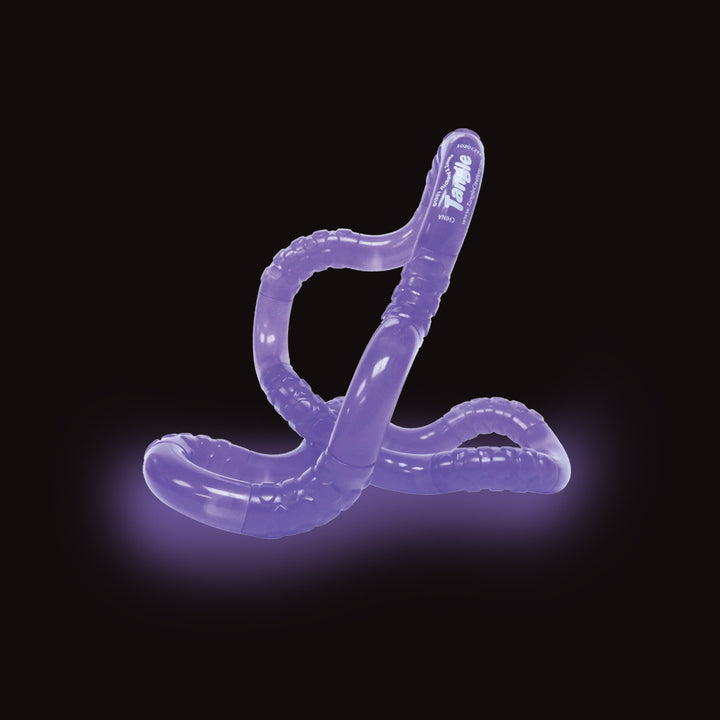 Sensory Twisty tactile fight toy tangle glow in the dark, glowing purple on a black background