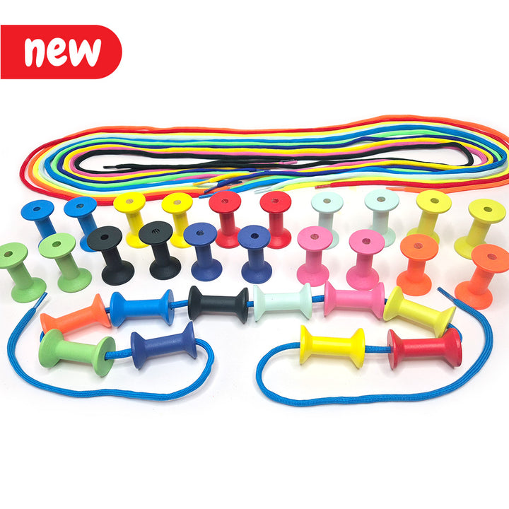 wooden threading coloured cotton spools sen with laces by eduk8