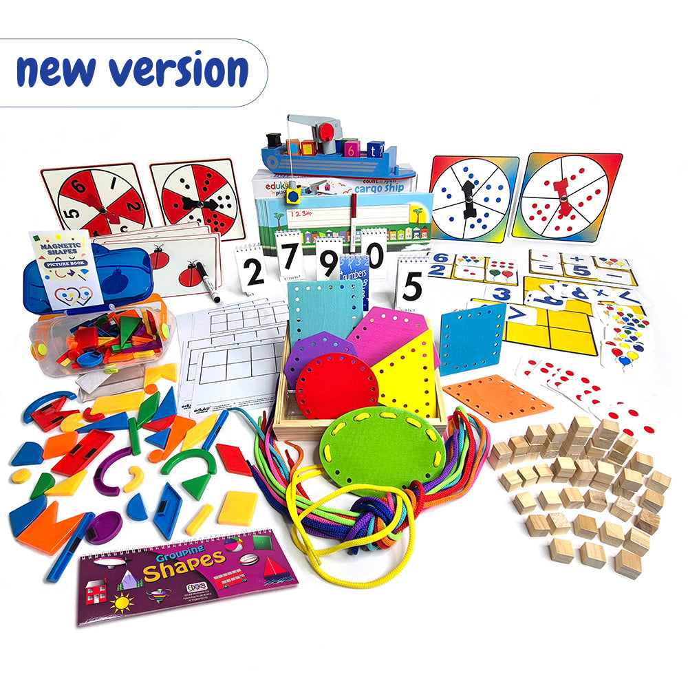 Complete Eduk8 Early Years Maths Kit laid out with colourful maths manipulatives for EYFS learning.