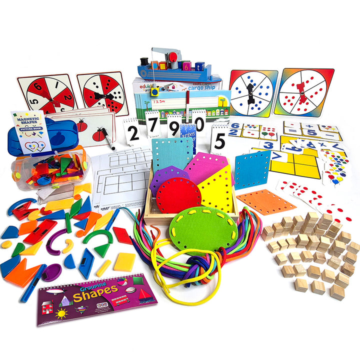Complete Eduk8 Early Years Maths Kit laid out with colourful maths manipulatives for EYFS learning.