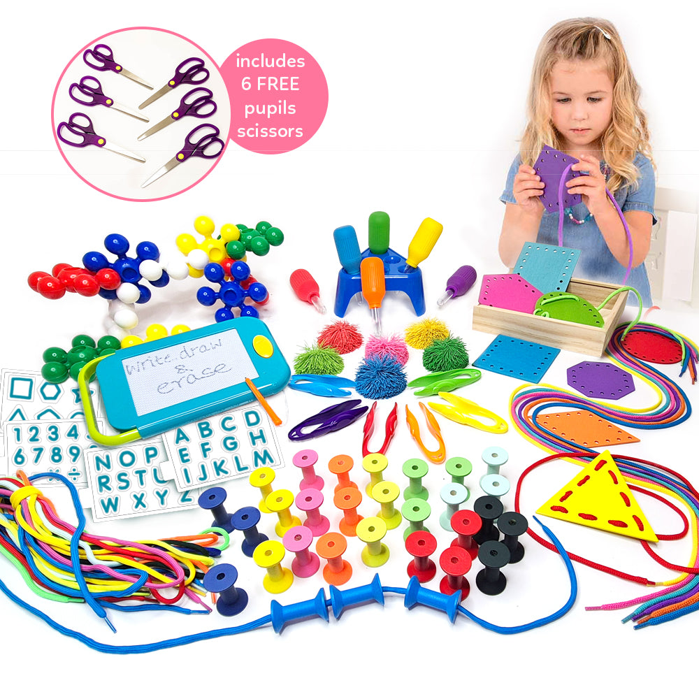 Early Years fine motor skills pack kit for threading lacing tweezers scissors