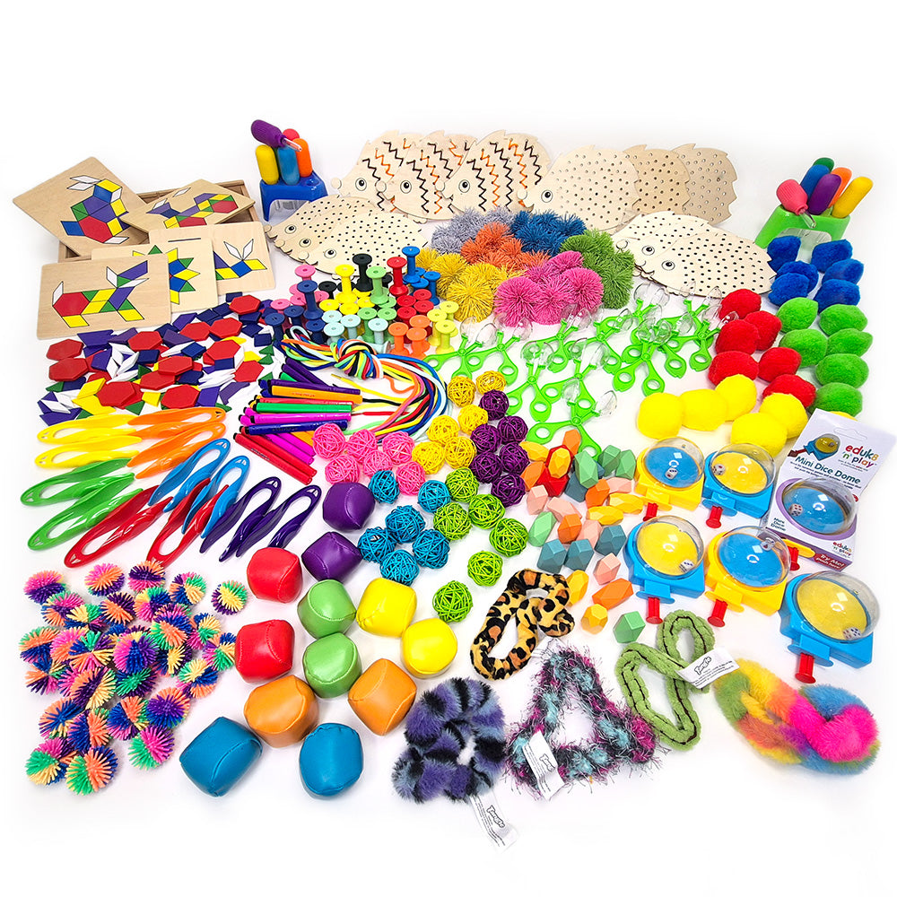 Eduk8 Mega Fine Motor Skills Kit – large educational resource pack featuring colourful sensory items such as rattan balls, Tangles, tweezers, pipettes, and threading tools for fine motor development.
