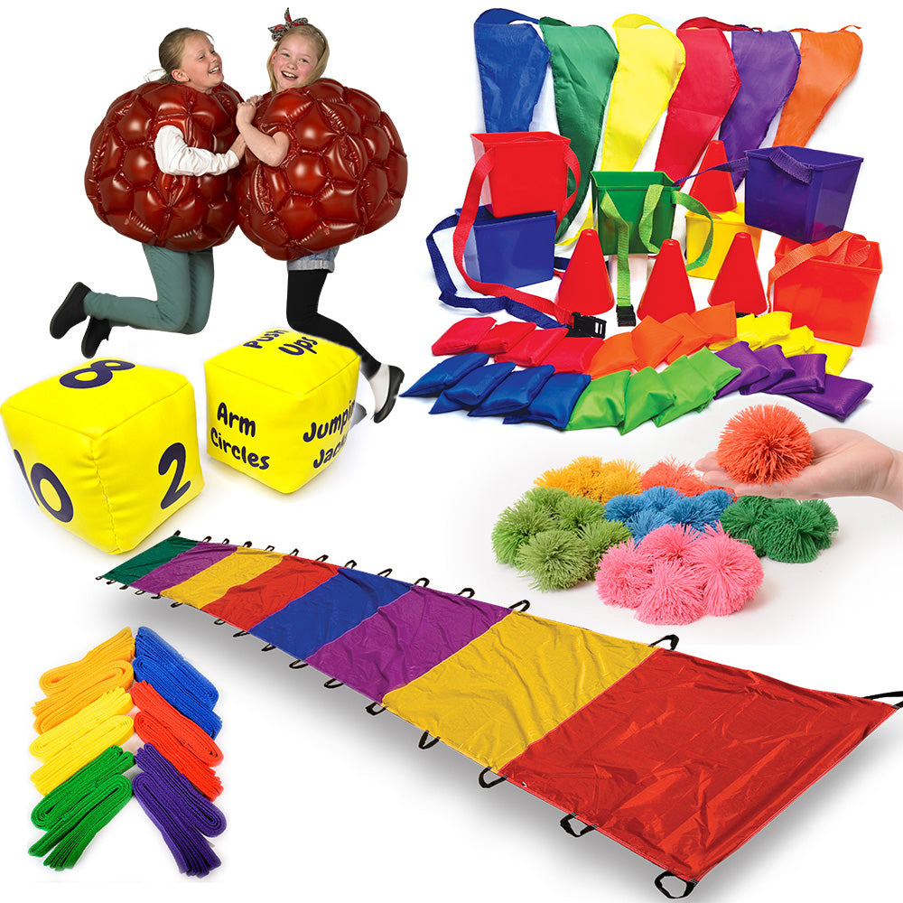 Early Years Physical PE development in the Playground, Yellow Fitness Dice, Bucket Dash Blast,  Rainbow Wave, fuzzee soft koosh balls, jump bands, red raspberry inflatable belly bump balls