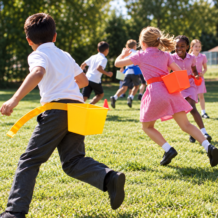 Children playing tag on a sunny grassy field, each wearing a bright yellow plastic bucket attached to a waist belt.