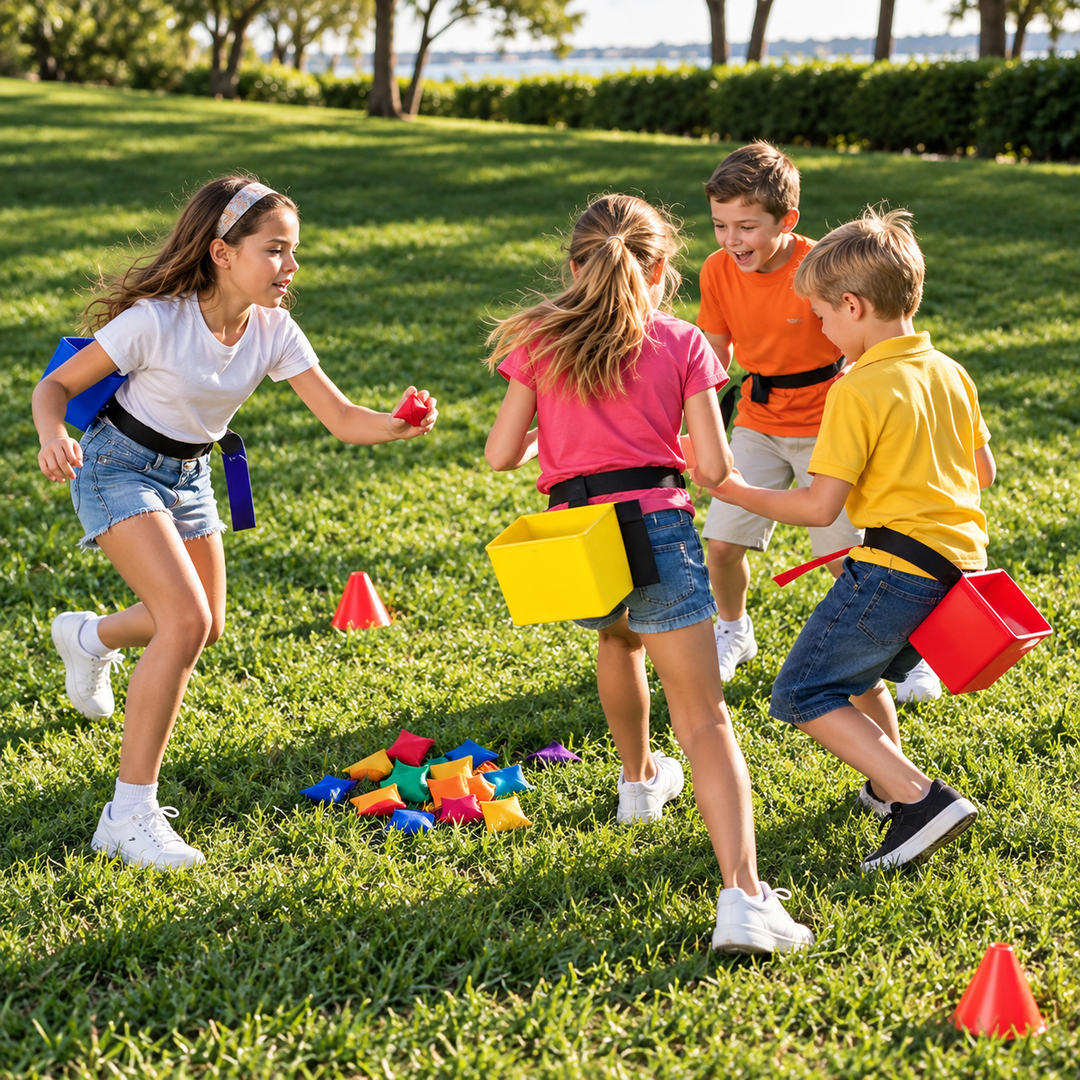 Four children playing outdoors on a grassy lawn, each wearing a waist-mounted toy bucket and reaching for colorful cone-shaped toys scattered on the ground.