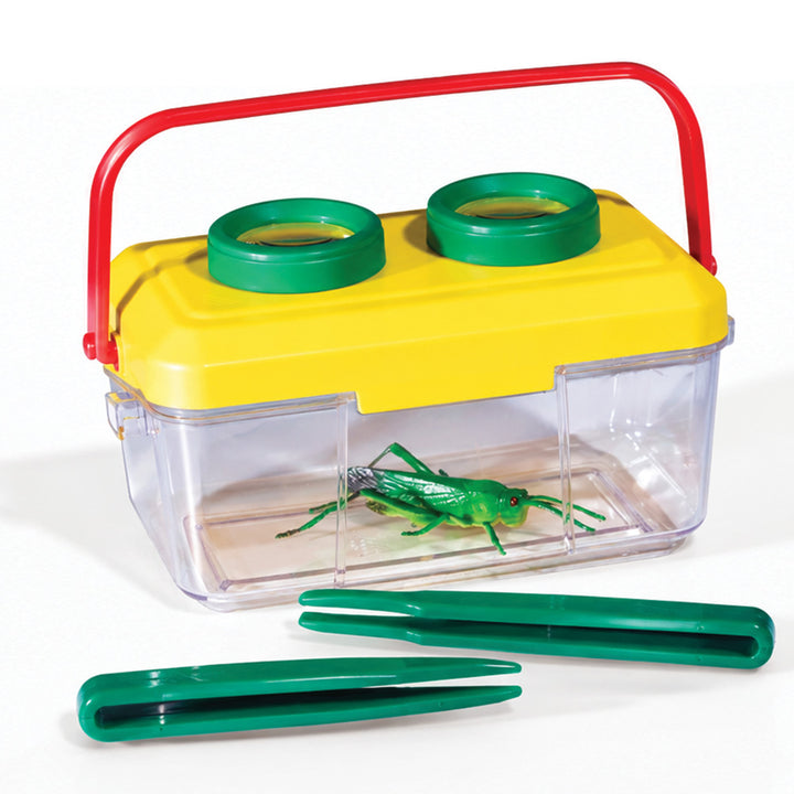 A clear plastic insect capture kit with a yellow lid, red handle, two green magnifying lenses, green tweezers, and a green grasshopper inside, shown on a white background.