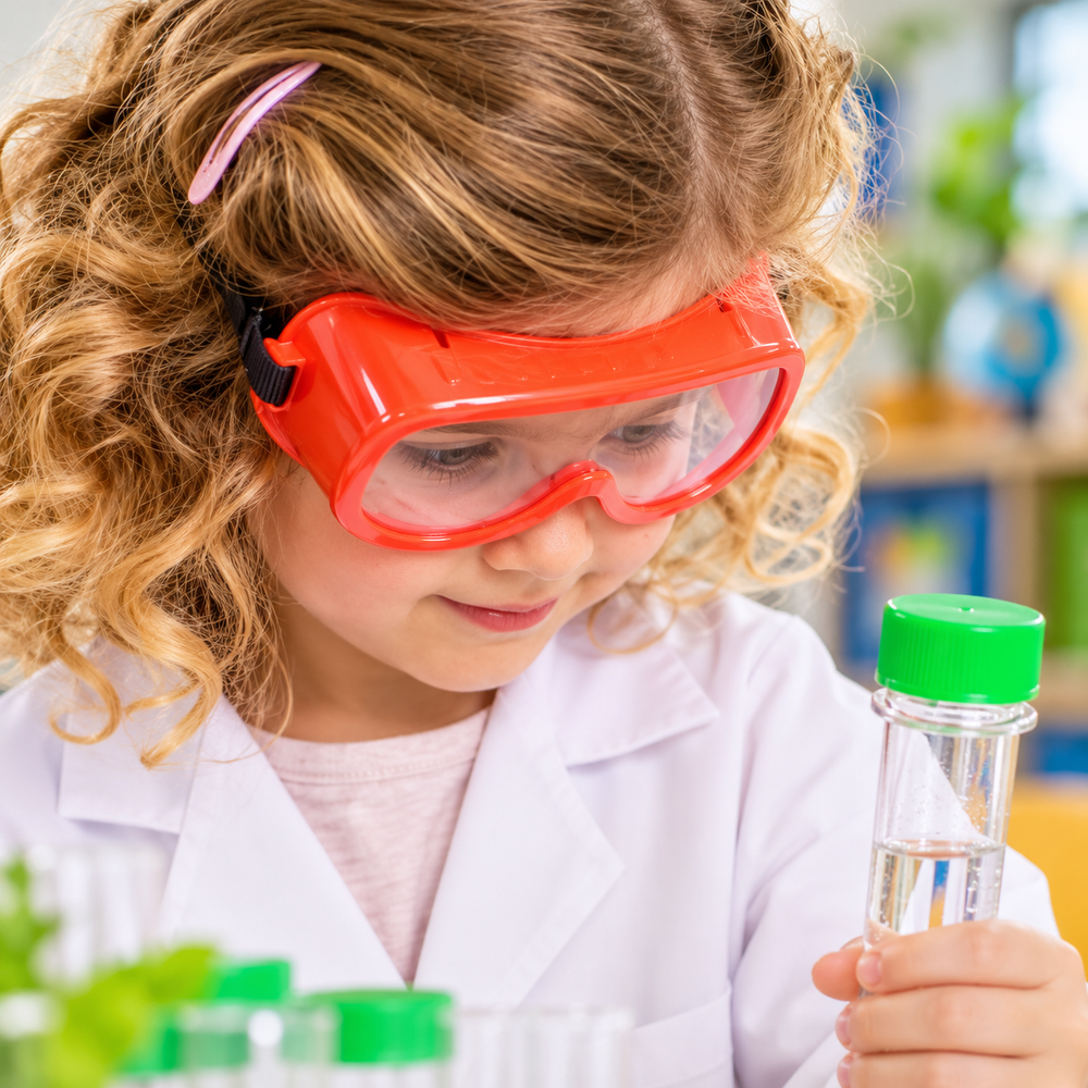 A young girl with curly blonde hair wearing a white lab coat and bright red safety goggles looks down at a clear test tube with a green cap in a science classroom setting.