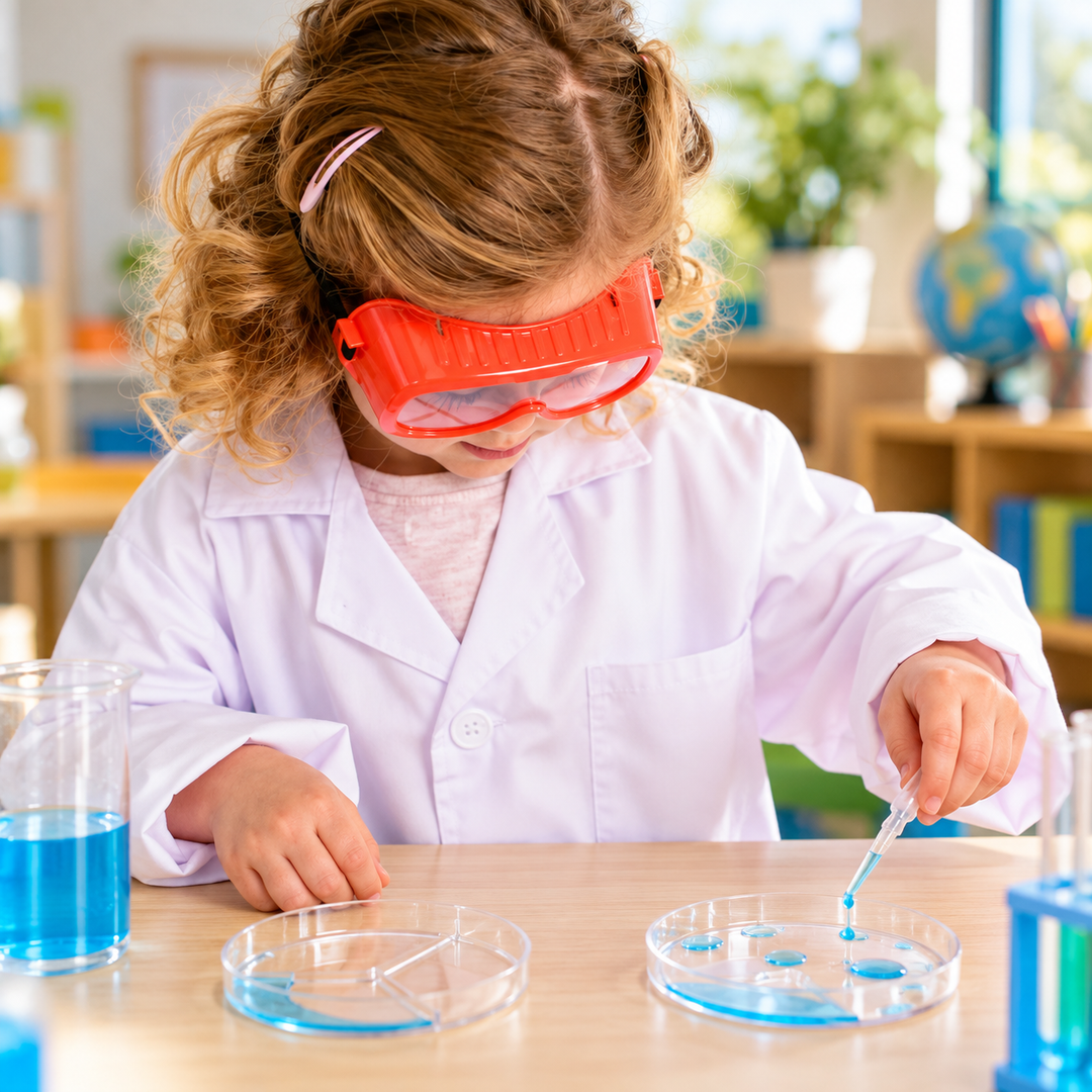 Children wearing safety goggles during a classroom science investigation
