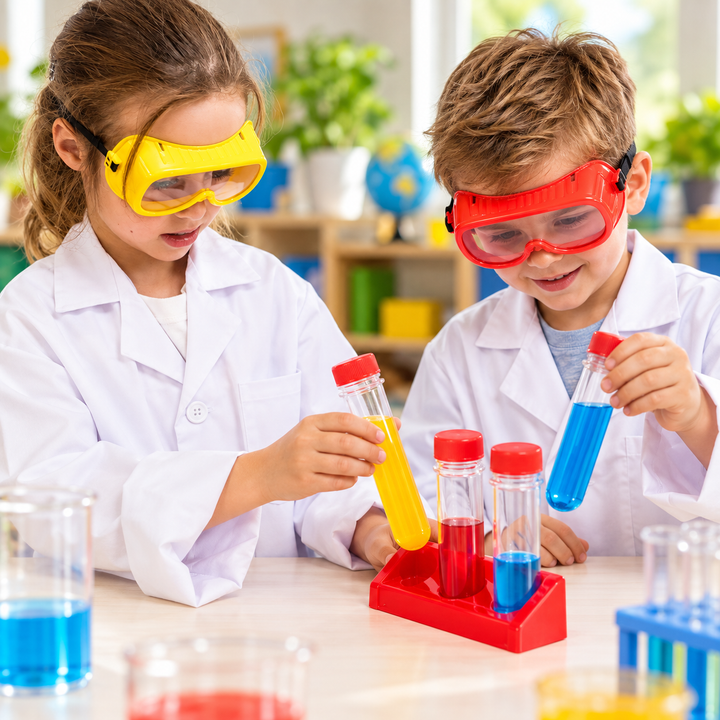 Two children in white lab coats and colorful safety goggles holding test tubes with yellow and blue liquid in a bright science classroom.