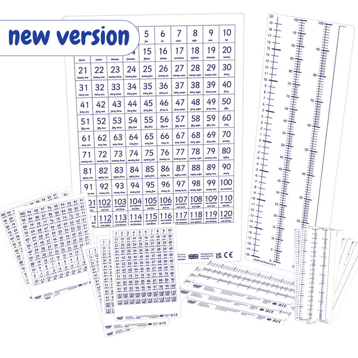 A versatile pack featuring both pupil and teacher's double-sided dry erase boards. Printed on both sides, with one side counting on to 120 and counting back from 100 to minus 19, and the reverse side for reading numbers in words. Pupil boards include a horizontal number line counting from minus 20 to plus 20, with the vertical counting on the reverse. Both pupil and teacher versions include lines with 100 divisions and blank lines for estimation.