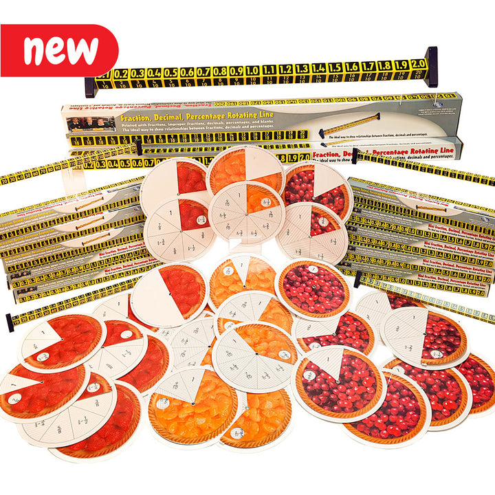 Use this comprehensive pack to enable children to develop a good understanding of fractions. Suitable for KS1 and KS2, the pack also introduces percentages and decimals, which will help pupils to compare, order and see the relationship between fractions, percentages and decimals. Teachers can also use the larger versions of the Rotating Lines for demonstration.