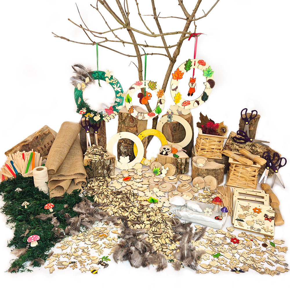 explore art and design using natural materials! This extensive kit supports rubbings, collage, weaving, printmaking, and more, helping kids discover colour, pattern, texture, and form. Includes wooden shapes, branch discs, feathers, clay, wreath kits, and