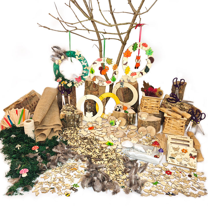explore art and design using natural materials! This extensive kit supports rubbings, collage, weaving, printmaking, and more, helping kids discover colour, pattern, texture, and form. Includes wooden shapes, branch discs, feathers, clay, wreath kits, and