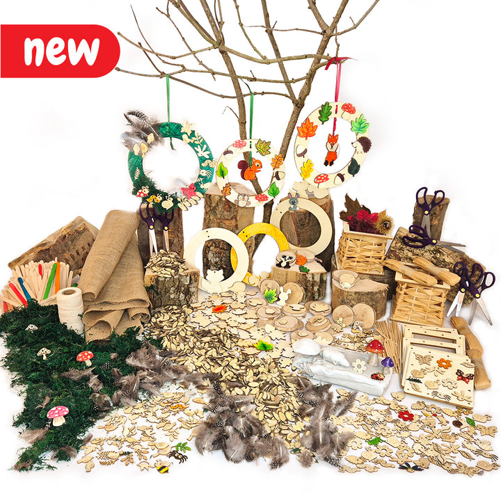 explore art and design using natural materials! This extensive kit supports rubbings, collage, weaving, printmaking, and more, helping kids discover colour, pattern, texture, and form. Includes wooden shapes, branch discs, feathers, clay, wreath kits, and