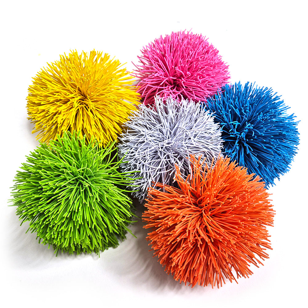 Eduk8 worldwide brightly coloured soft fuzzee pom pom koosh balls New colour ways: Green, Blue, Yellow, Pink, Orange and Grey - pack of 6