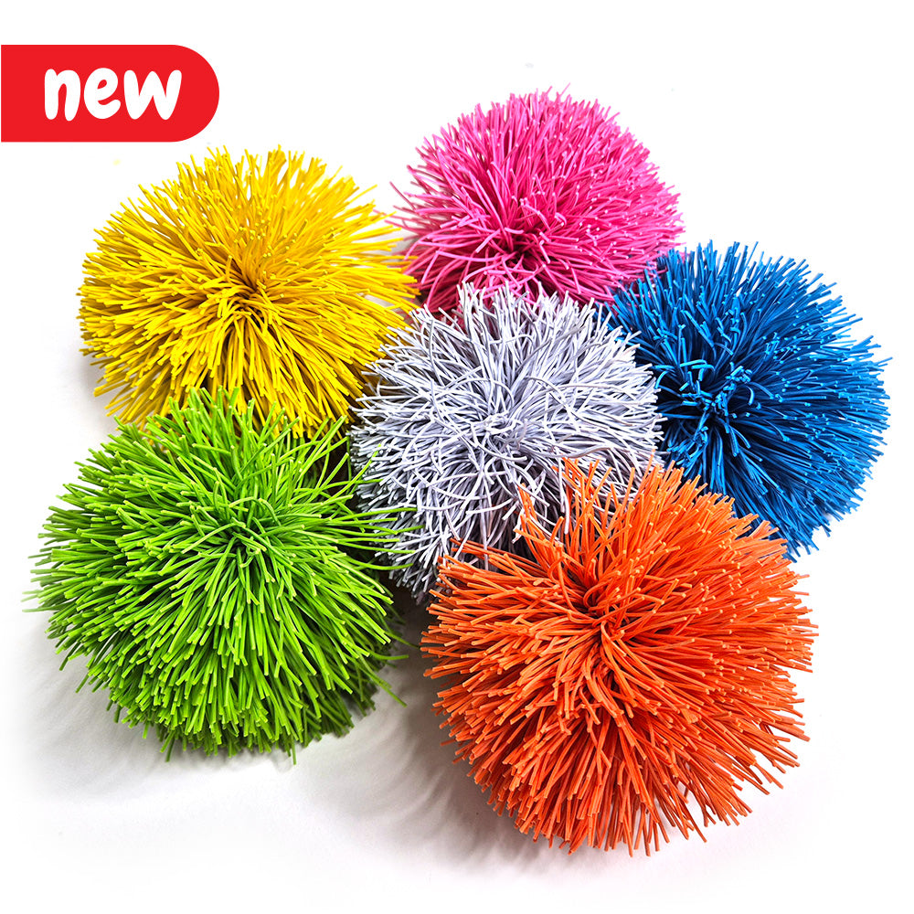 Eduk8 worldwide brightly coloured soft fuzzee pom pom koosh balls New colour ways: Green, Blue, Yellow, Pink, Orange and Grey - pack of 6