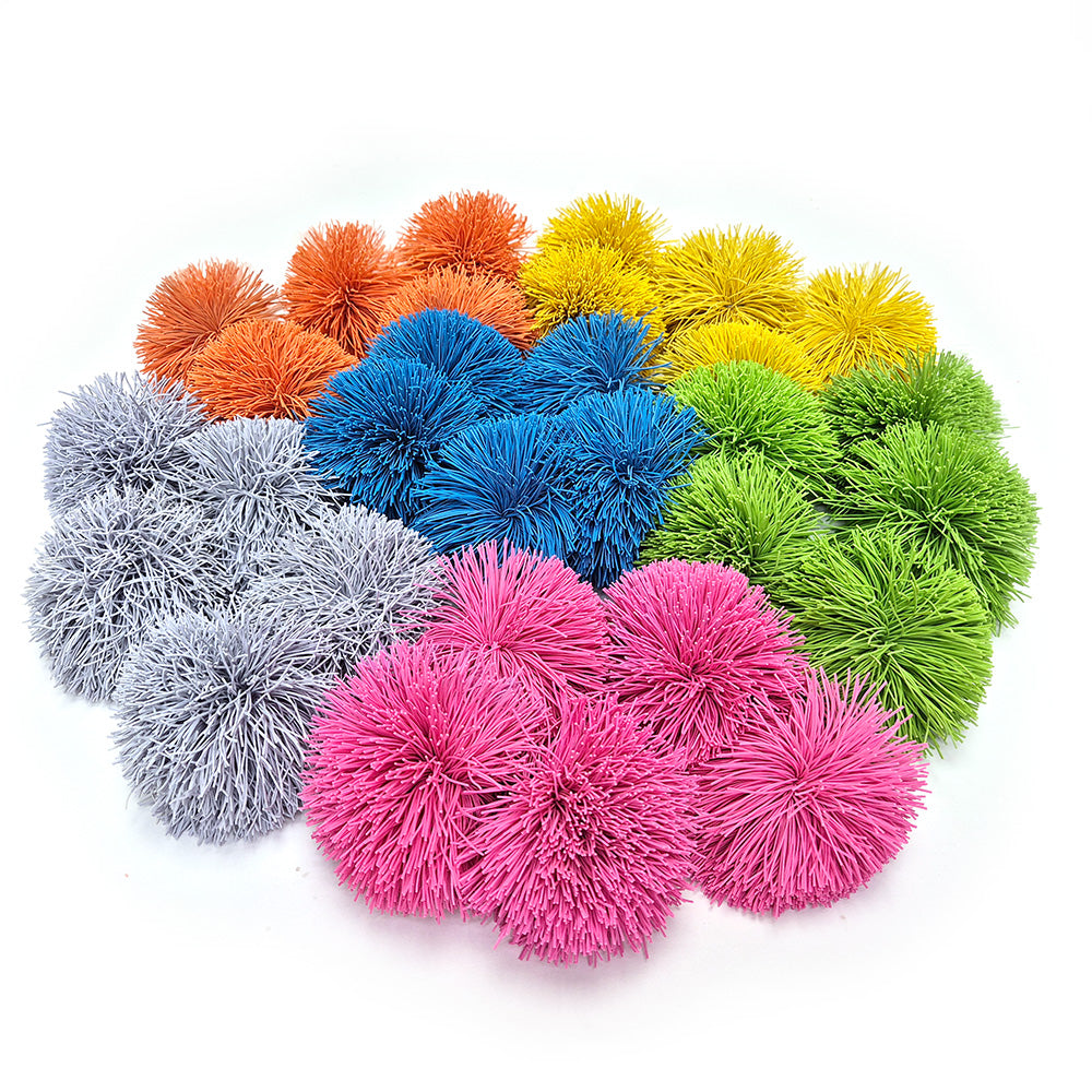 Eduk8 worldwide brightly coloured soft fuzzee pom pom koosh balls New colour ways: Green, Blue, Yellow, Pink, Orange and Grey - pack of 30