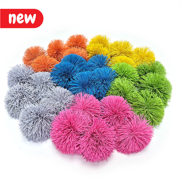 Eduk8 worldwide brightly coloured soft fuzzee pom pom koosh balls New colour ways: Green, Blue, Yellow, Pink, Orange and Grey - pack of 30