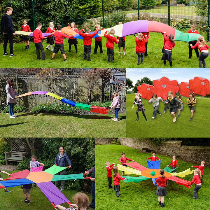 A mega school parachute kit, perfect for many outdoor activities.  Includes: x6 Resistance Parachute x1 Rainbow Wave x1 Junior Rainbow Wave x1 Sunflower Parachute x1 Junior Sunflower Parachute  Suitable for ages: 3+  Colours and contents may vary.