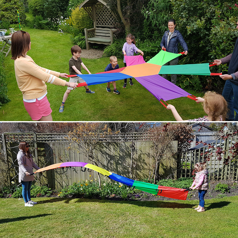 Award-winning Rainbow Wave designed for group participation, accommodating 9-18 children of all ages and abilities. Promotes social and teamwork skills, color identification, estimation, and probability. Encourages physical exercise and develops coordinat