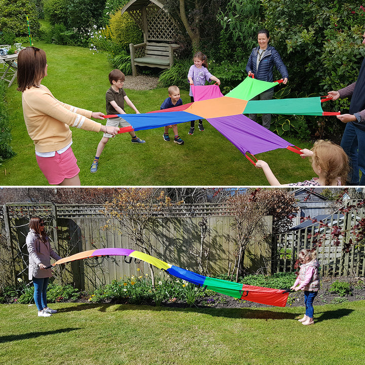 Award-winning Rainbow Wave designed for group participation, accommodating 9-18 children of all ages and abilities. Promotes social and teamwork skills, color identification, estimation, and probability. Encourages physical exercise and develops coordinat