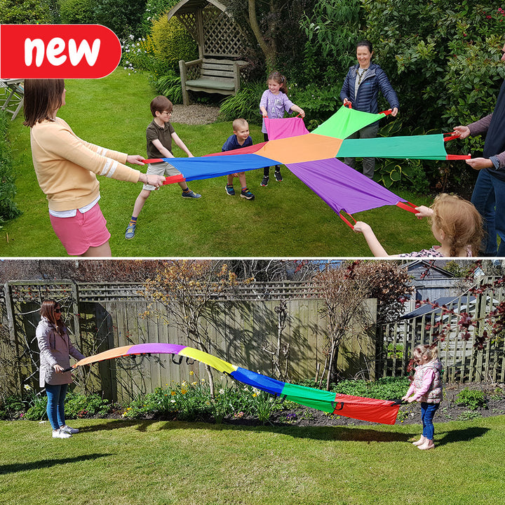 A junior sunflower-shaped parachute ideal for developing coordination and team-building skills among children. Fosters competence and confidence in coordinating objects, promoting communication, collaboration, and competition. Also includes the award-winn