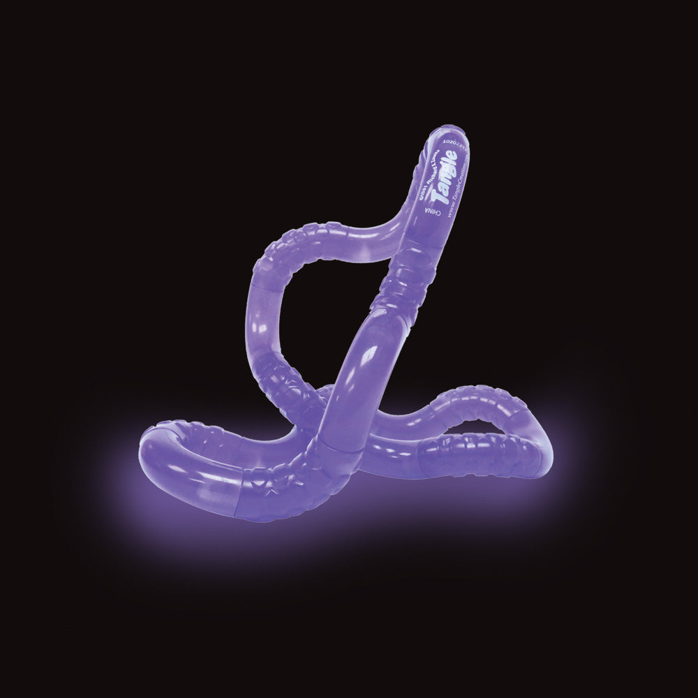 Sensory Twisty tactile fight toy tangle glow in the dark, glowing purple on a black background