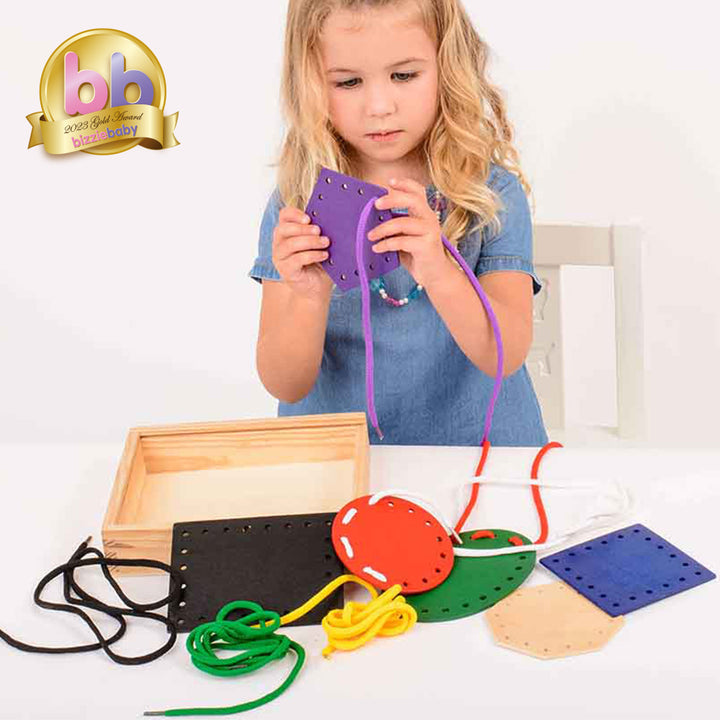 eduk8 worldwide wooden threading coloured geometric bizzie baby award winning color lacing shapes fine motor skills 