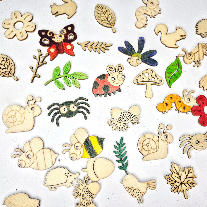 explore art and design using natural materials! This extensive kit supports rubbings, collage, weaving, printmaking, and more, helping kids discover colour, pattern, texture, and form. Includes wooden shapes, branch discs, feathers, clay, wreath kits, and