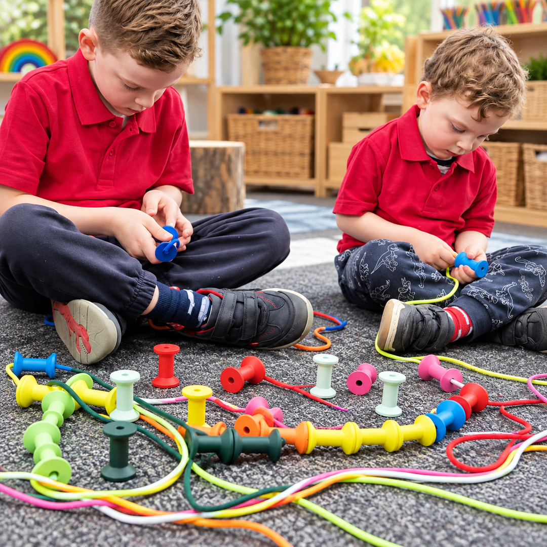 Two young boys in matching red polo shirts sit on a carpeted floor in a bright classroom, playing with colorful plastic toy connectors and cords spread across the floor.