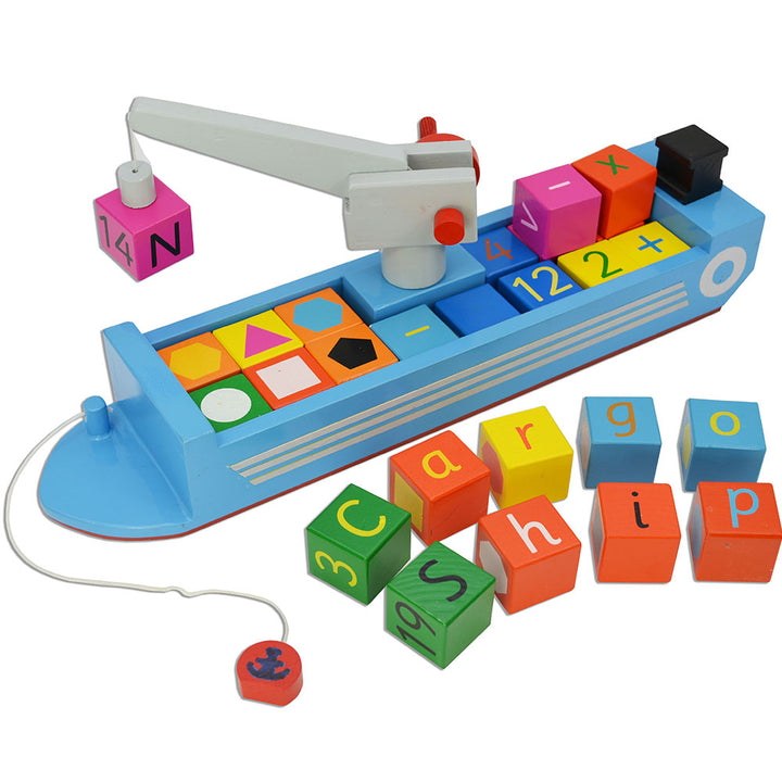 boat, children, childrens toys, kids, early years, infants, crane, lift cargo, boating, learning toys, 3 year olds, autism, autistic, container, shipping barge, barge, wooden toys, ages 4-6, stem toys, stem, wooden playthings, playthings, blocks, educate,