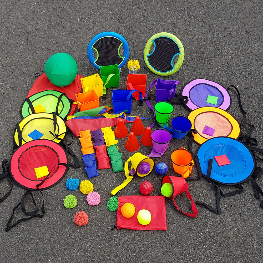 A bumper all inclusive kit for developing throwing and catching skills.  Includes: 1 x Ball Catcher Set 1 x Catch and Balance Bands set 1 x Bounce ‘n’ Catch Discs set 1 x Bucket Dash game 6 x Soft Balls  Suitable for ages: 4+